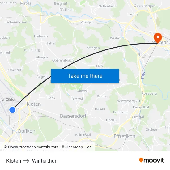 Kloten to Winterthur map