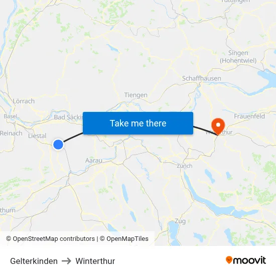 Gelterkinden to Winterthur map