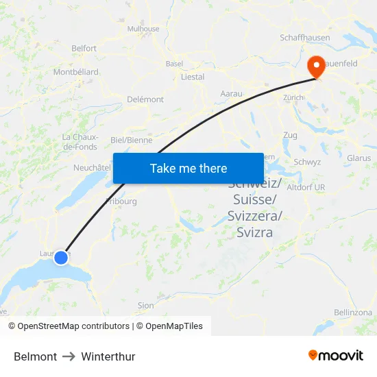 Belmont to Winterthur map