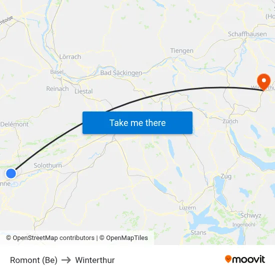Romont (Be) to Winterthur map