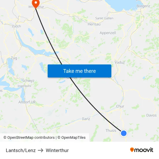 Lantsch/Lenz to Winterthur map
