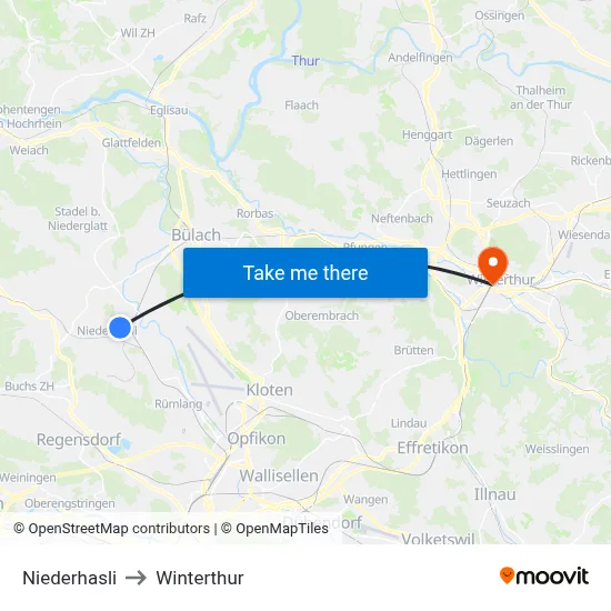 Niederhasli to Winterthur map
