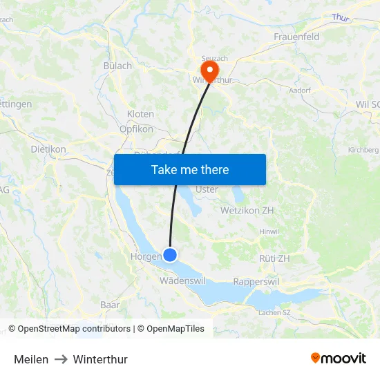 Meilen to Winterthur map