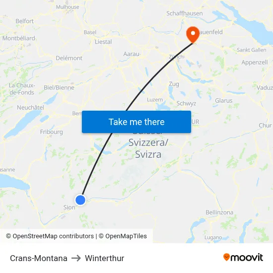 Crans-Montana to Winterthur map