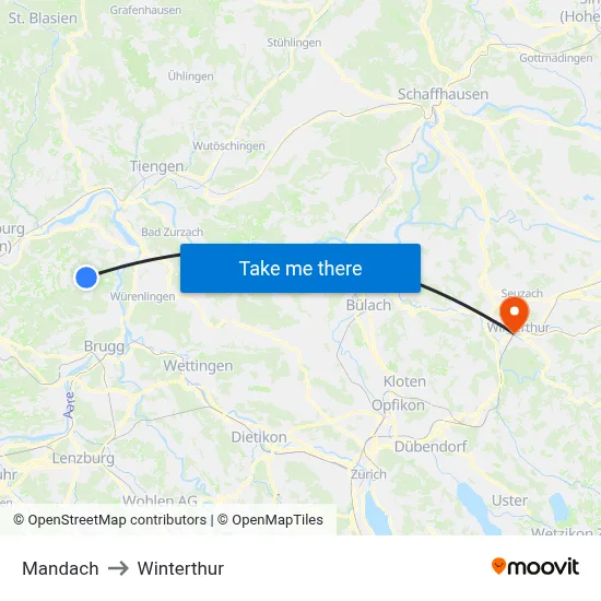 Mandach to Winterthur map
