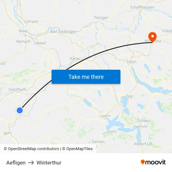 Aefligen to Winterthur map