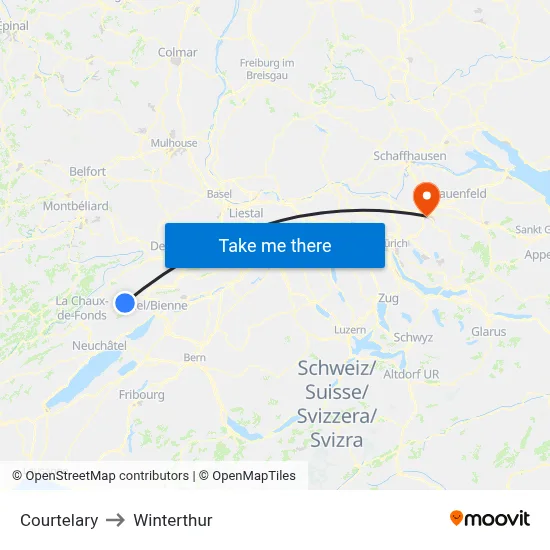 Courtelary to Winterthur map