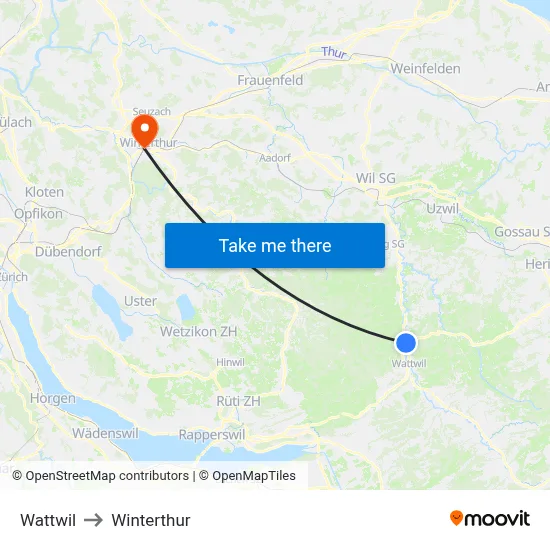 Wattwil to Winterthur map