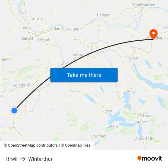 Iffwil to Winterthur map