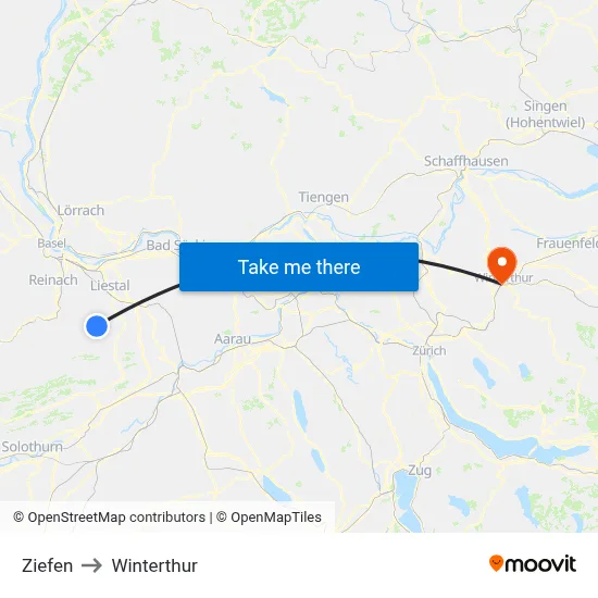 Ziefen to Winterthur map