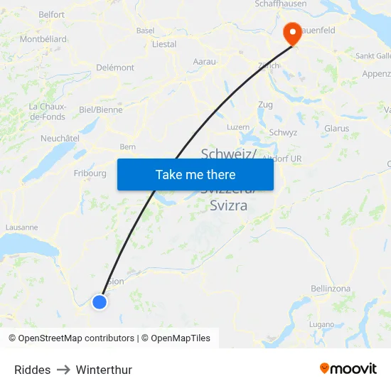 Riddes to Winterthur map