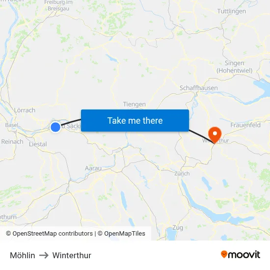 Möhlin to Winterthur map