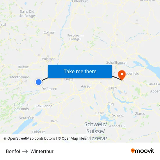 Bonfol to Winterthur map