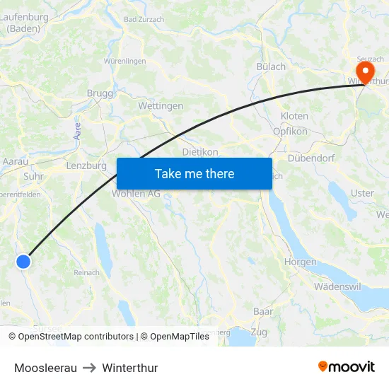 Moosleerau to Winterthur map