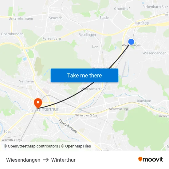 Wiesendangen to Winterthur map