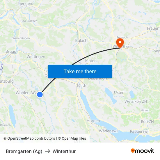 Bremgarten (Ag) to Winterthur map