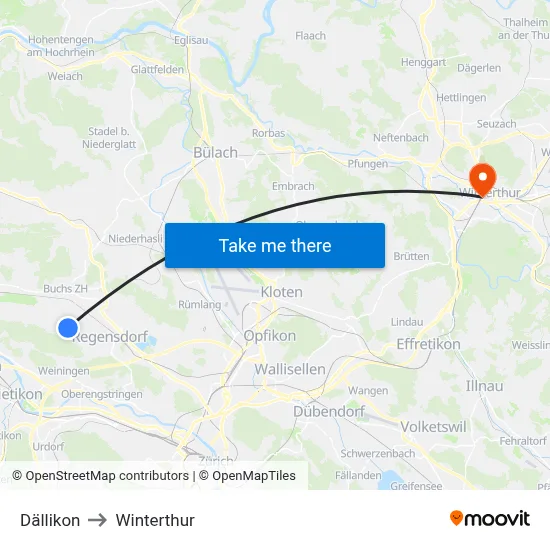 Dällikon to Winterthur map