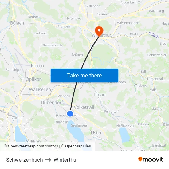 Schwerzenbach to Winterthur map