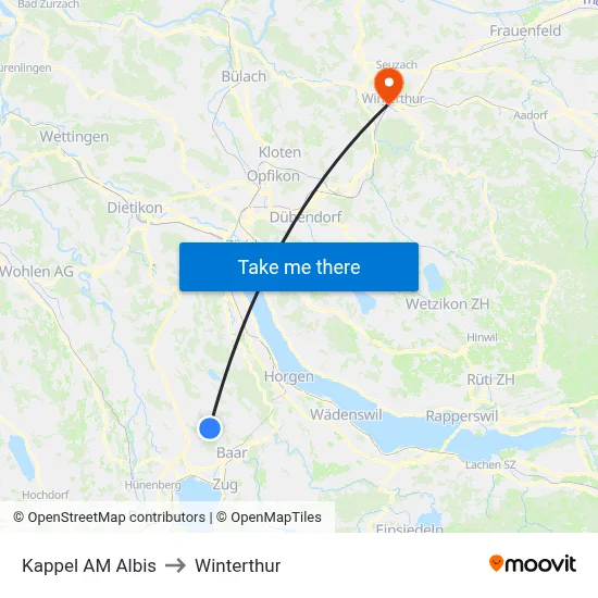 Kappel AM Albis to Winterthur map