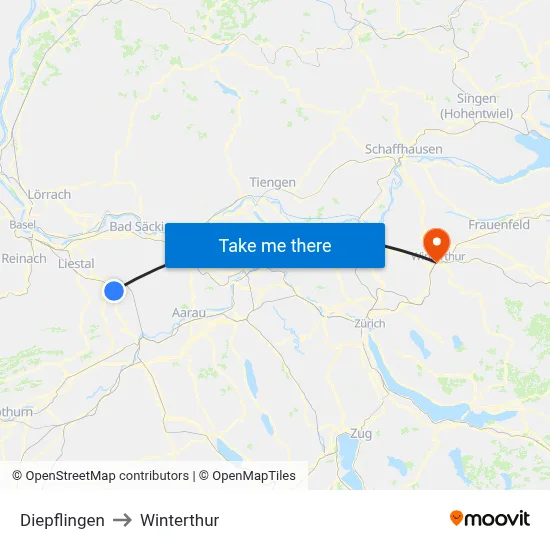 Diepflingen to Winterthur map