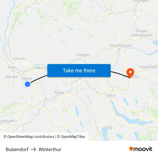 Bubendorf to Winterthur map