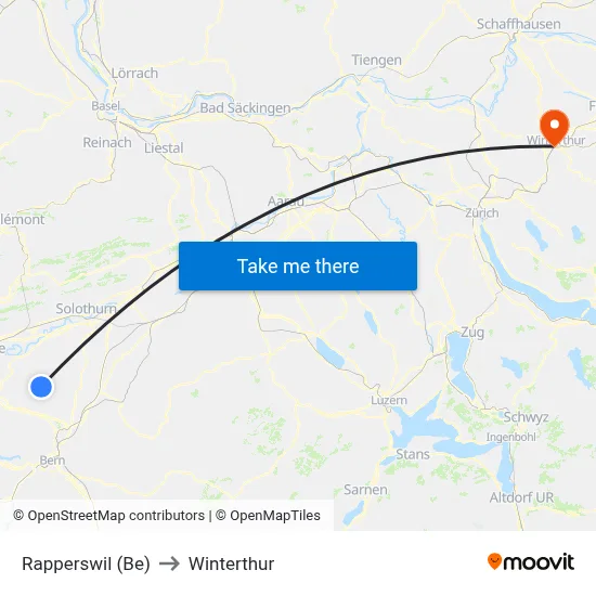 Rapperswil (Be) to Winterthur map