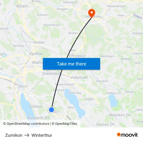 Zumikon to Winterthur map