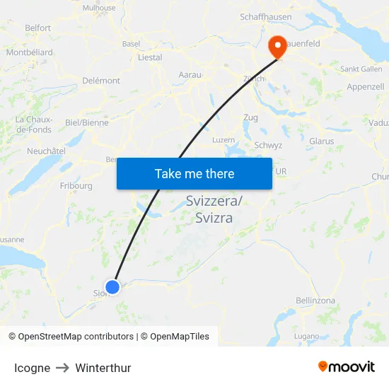 Icogne to Winterthur map
