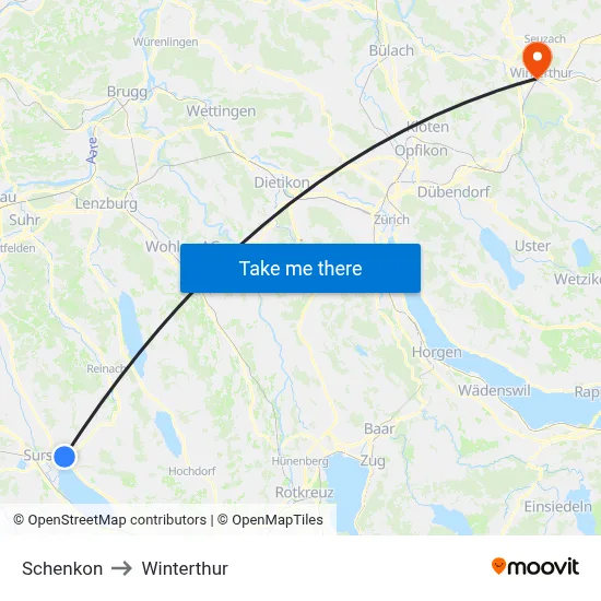 Schenkon to Winterthur map