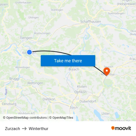 Zurzach to Winterthur map