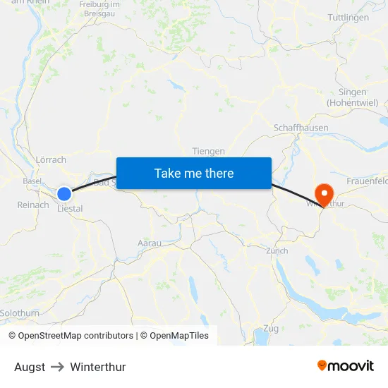Augst to Winterthur map