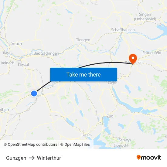 Gunzgen to Winterthur map