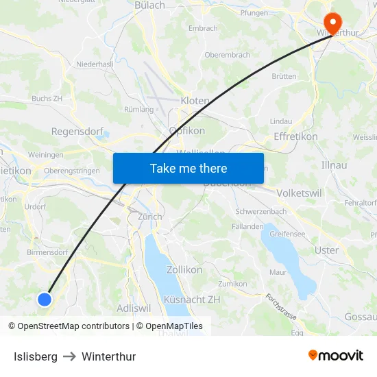 Islisberg to Winterthur map