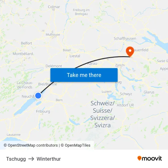 Tschugg to Winterthur map