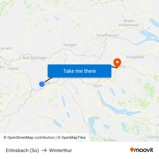 Erlinsbach (So) to Winterthur map