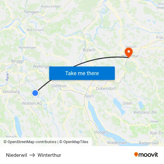 Niederwil to Winterthur map