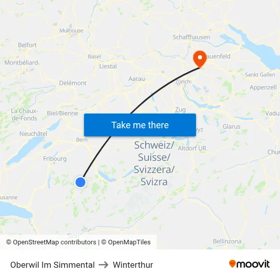 Oberwil Im Simmental to Winterthur map
