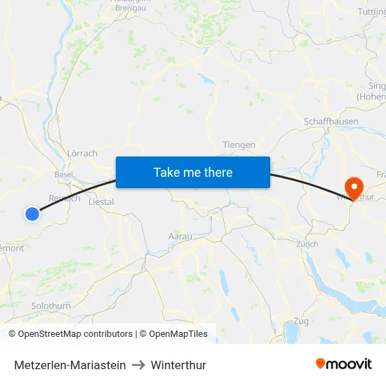 Metzerlen-Mariastein to Winterthur map