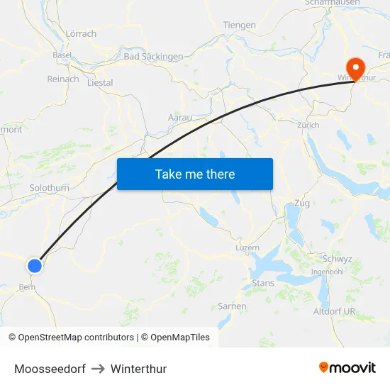 Moosseedorf to Winterthur map