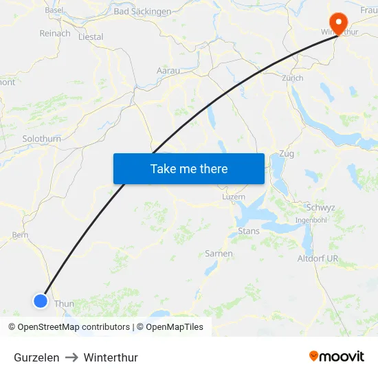 Gurzelen to Winterthur map