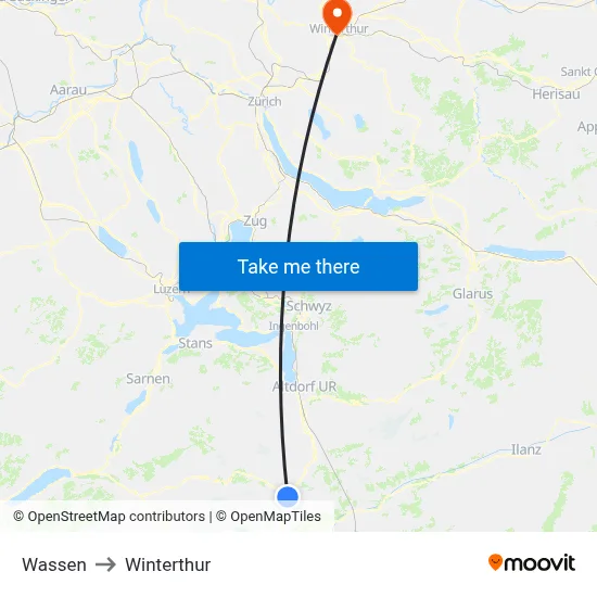Wassen to Winterthur map