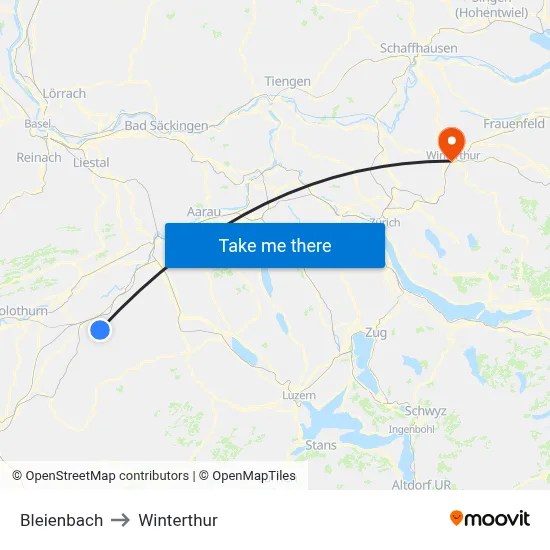 Bleienbach to Winterthur map