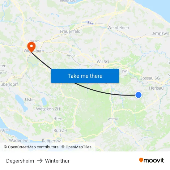 Degersheim to Winterthur map