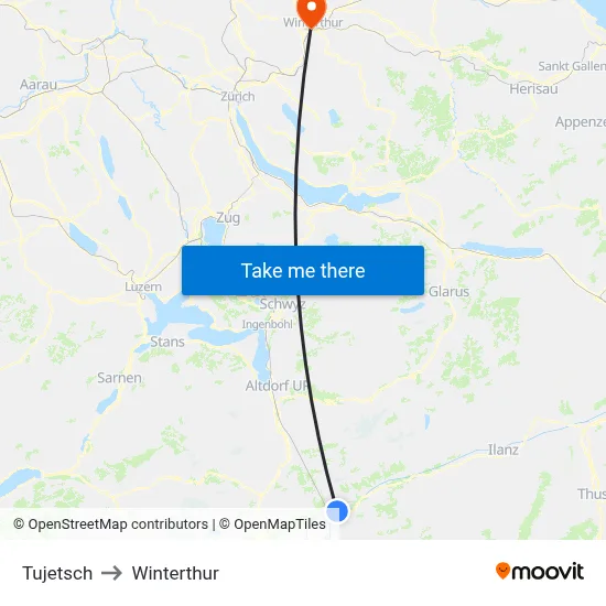 Tujetsch to Winterthur map