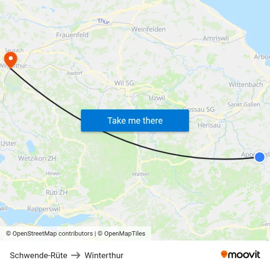 Schwende-Rüte to Winterthur map