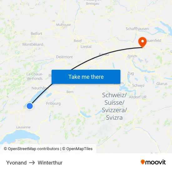 Yvonand to Winterthur map