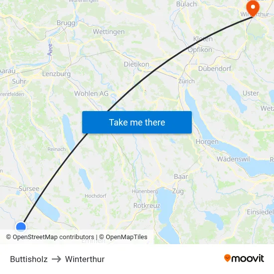 Buttisholz to Winterthur map