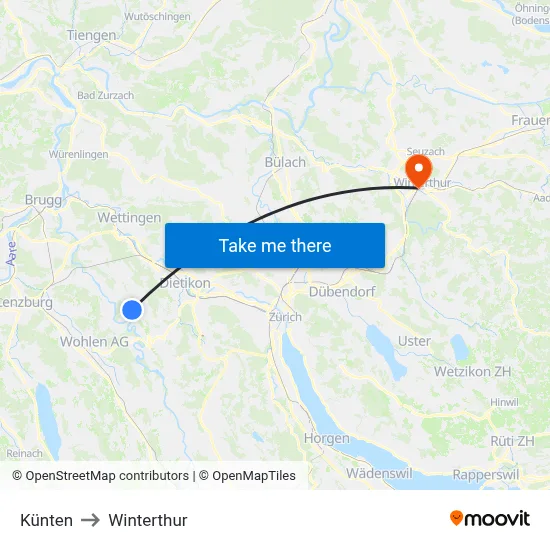 Künten to Winterthur map