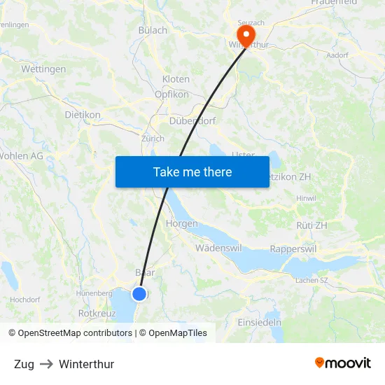 Zug to Winterthur map