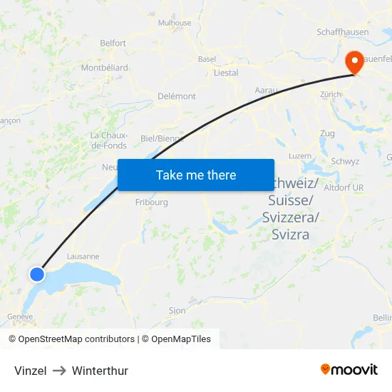 Vinzel to Winterthur map